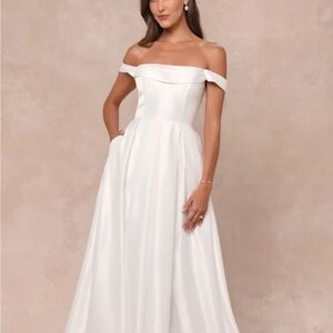 NWT Lulus Extraordinary Vow White Off the Shoulder Maxi w/pockets
